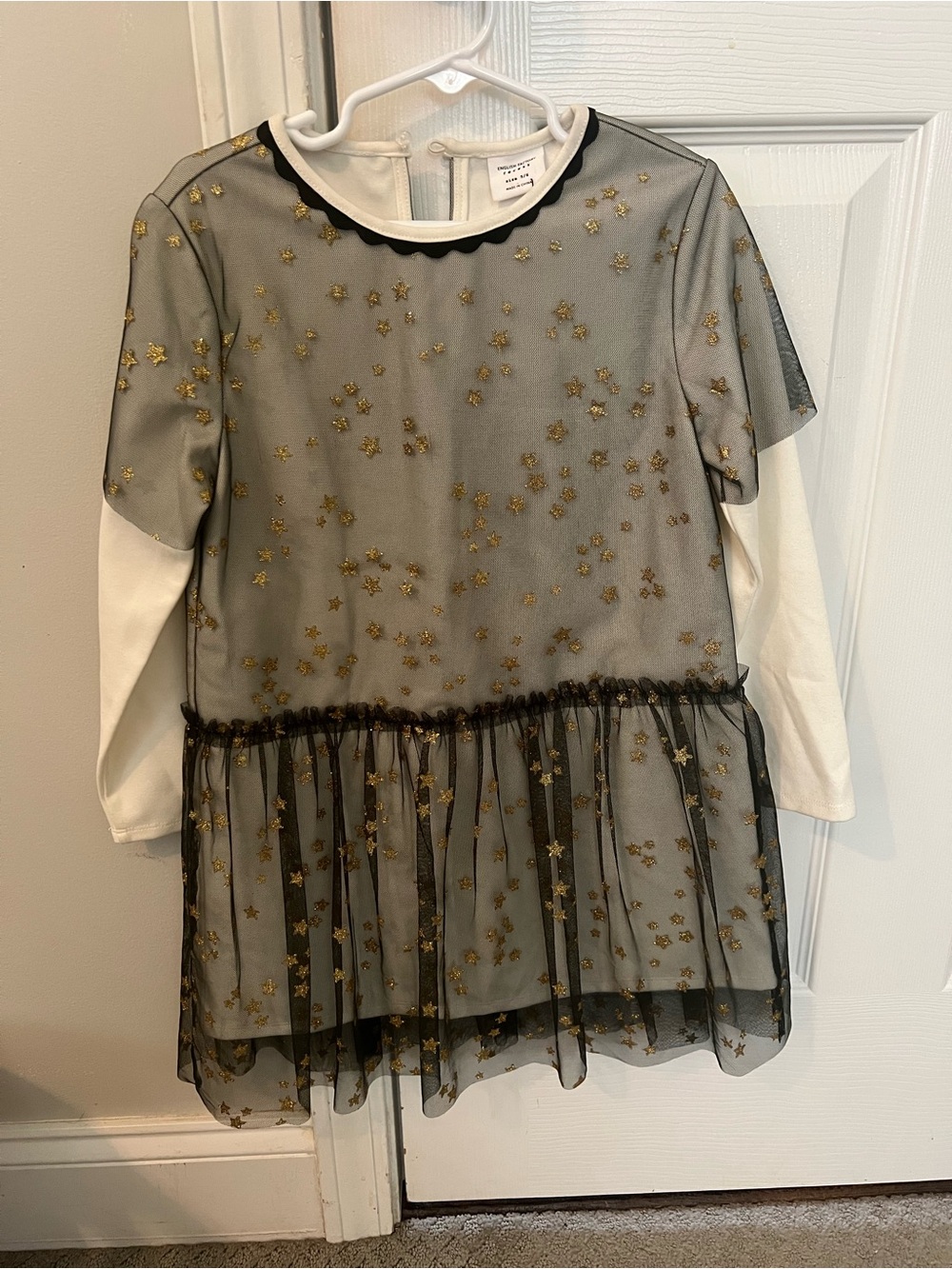 NWOT English Factory Recess Girls Black & Gold Star Mesh Layered Dress